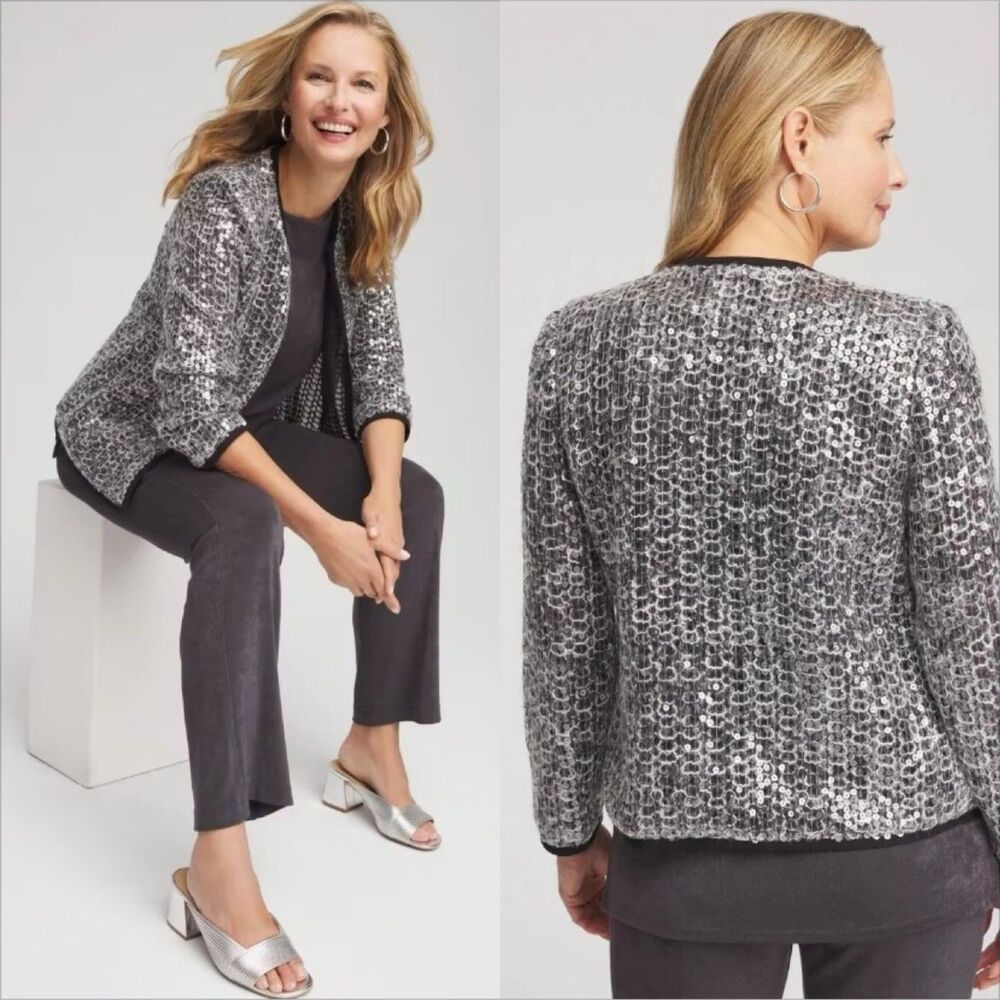 Chico's Travelers Refined Sequin Netted Jacket Size 3 US XL NWT Serene Gray